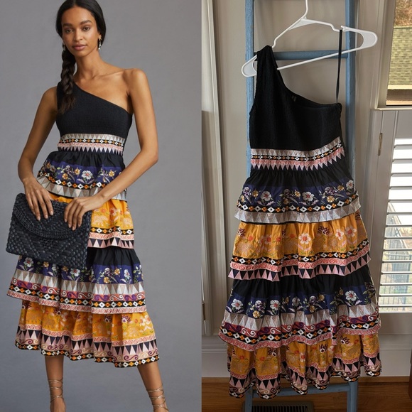 Anthropologie Dresses & Skirts - Anthropologie One Shoulder Embroidered Midi Dress